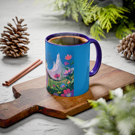 The Lady And The Moonlit Peak Colorful Mugs – Art Deco Alpine Garden Elegance
