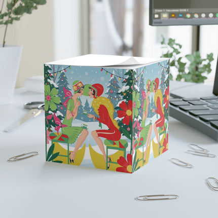 ☕🎄 Christmas Tea In The Snow Garden Note Cube – Art Deco Holiday Friendship