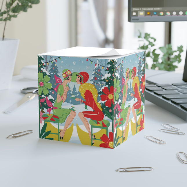 ☕🎄 Christmas Tea In The Snow Garden Note Cube – Art Deco Holiday Friendship
