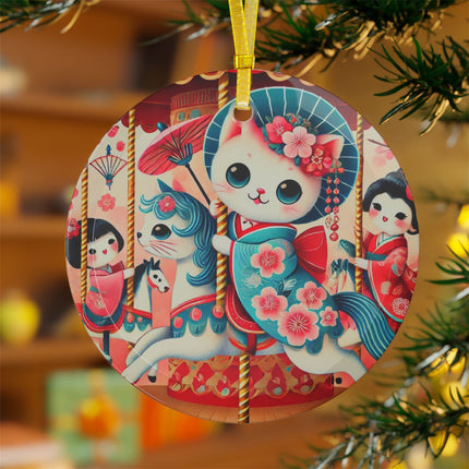 Geisha Kitten's Enchanted Carousel Ride Glass Ornament