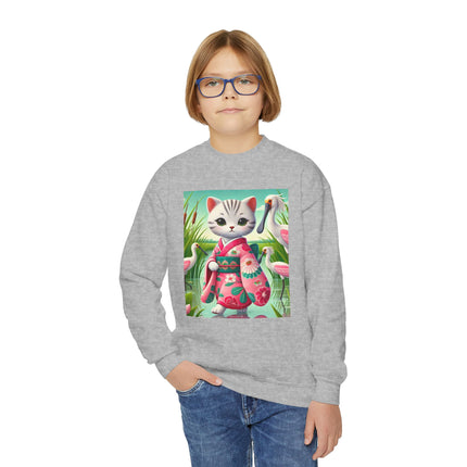 Geisha Kitten Strolls Among the Spoonbills Youth Crewneck Sweatshirt – Grace, Nature & Whimsical Elegance