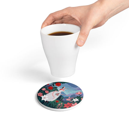 🌹💌 The Garden Of Blown Kisses Ceramic Coaster – Art Deco Floral Romance