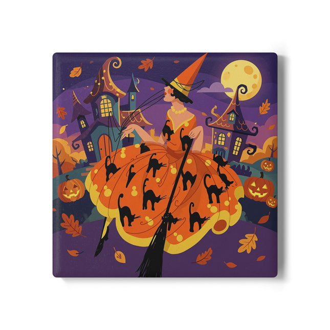 🐈‍⬛🎃 The Black Cat Witch Of Pumpkin Manor Ceramic Coaster – Whimsical Halloween Charm