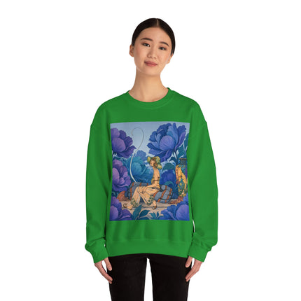 💙🌸 The Lady Among The Blue Blossoms Crewneck Sweatshirt – Art Deco Floral Reverie