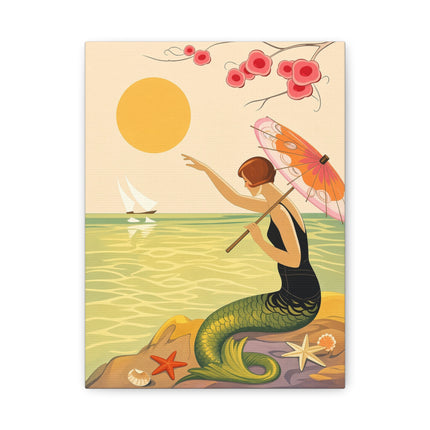 🧜‍♀️☂️ The Mermaid With The Parasol Matte Canvas – Art Deco Seaside Fantasy