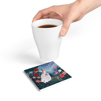 🌹💌 The Garden Of Blown Kisses Ceramic Coaster – Art Deco Floral Romance