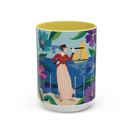 The Lady Of The Golden Horizon Colorful Mugs – Art Deco Coastal Elegance