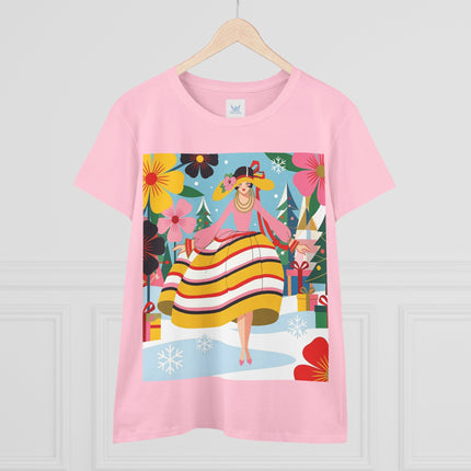 🎄🌸 The Christmas Blossom Belle Cotton Tee – Art Deco Holiday Whimsy