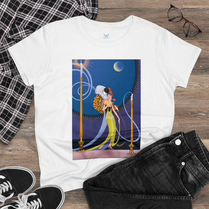 Smoke and Secrets: A Glamorous Encounter in Prohibition Era Women's Midweight Cotton Tee
