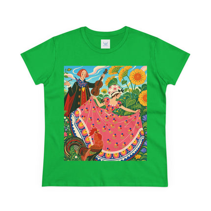 🎻🐓 The Garden Serenade Cotton Tee – Art Deco Folk Whimsy