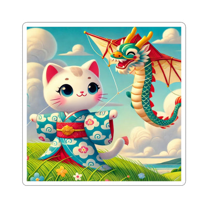 Geisha Kitten and the Dragon Kite Kiss-Cut Stickers (4 Sizes)