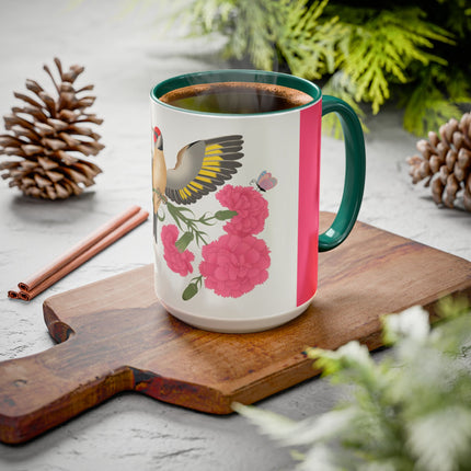 Goldfinch & Pink Flowers Colorful Mugs – Vibrant Spring & Bold Beauty