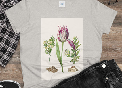 Tulip flower with Two Branches of Myrtle and Shells Cotton Tee