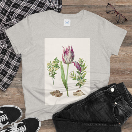 Tulip flower with Two Branches of Myrtle and Shells Cotton Tee
