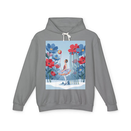 🌸❄️ Winter Flower Girl Unisex Lightweight Hooded Sweatshirt – Art Deco Floral Fantasy