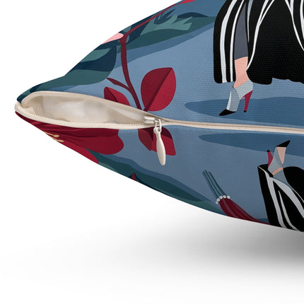 🖤🌸 The Lady Of The Striped Promenade Square Pillow – Art Deco Floral Elegance