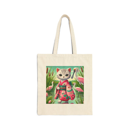 Geisha Kitten Strolls Among the Spoonbills Cotton Canvas Tote Bag