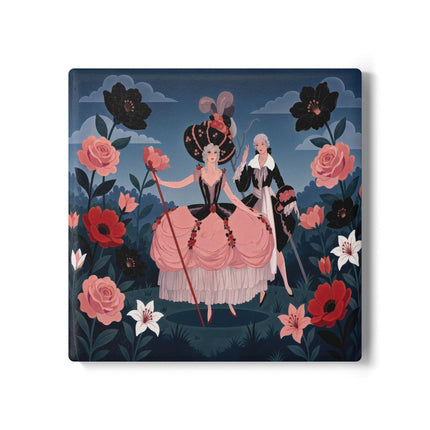 🌹🎭 The Rose Masquerade Promenade Ceramic Coaster – Art Deco Floral Elegance