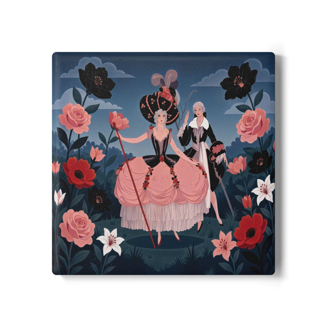 🌹🎭 The Rose Masquerade Promenade Ceramic Coaster – Art Deco Floral Elegance