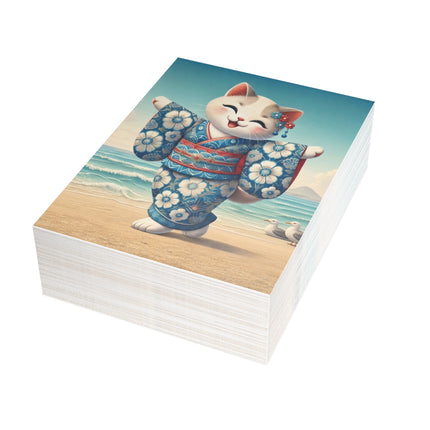 🐱🌊 The Seaside Kimono Kitten Greeting Card – Whimsical Coastal Elegance
