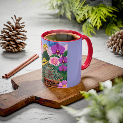 The Lady And The Crimson Birdcage Colorful Mugs – Art Deco Tropical Garden Elegance
