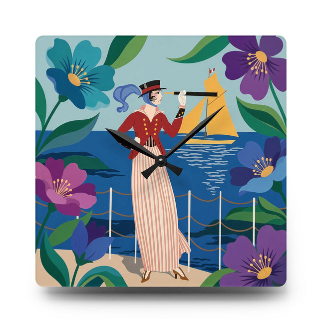 🔭⛵ The Lady Of The Seaside Spyglass Acrylic Wall Clock – Art Deco Coastal Elegance