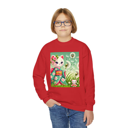 Geisha Kitten and the Dandelion Wish Youth Crewneck Sweatshirt – Gentle Magic, Dreams & Quiet Beauty
