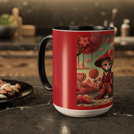 Whimsical Geisha Kitten in a Valentine Garden Colorful Mugs (11oz, 15oz)