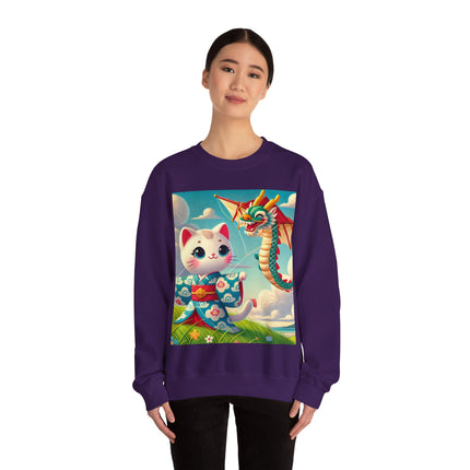 Geisha Kitten and the Dragon Kite Heavy Blend™ Crewneck Sweatshirt