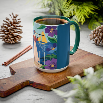 The Lady Of The Golden Horizon Colorful Mugs – Art Deco Coastal Elegance