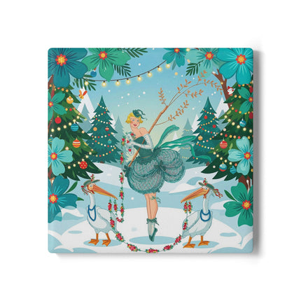 🦩🎄 The Lady Of The Christmas Garland Birds Ceramic Coaster – Whimsical Art Deco Holiday Fantasy