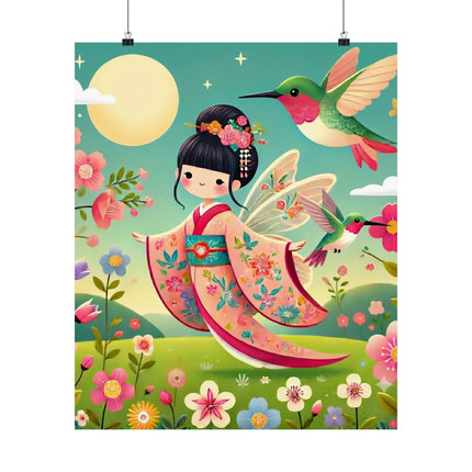 🧚🌺 Geisha Fairy and the Hummingbird Blossom Matte Vertical Poster – Grace, Wonder & Floral Magic