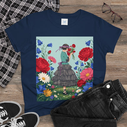 🌹💙 The Rose Bouquet Promenade Cotton Tee – Art Deco Floral Whimsy