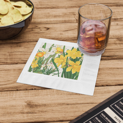 Daffodils by Tanigami Kônan White Coined Napkins – Spring Blooms & Japanese Woodblock Elegance