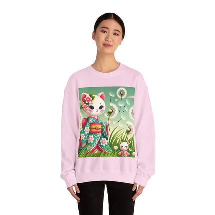 Geisha Kitten and the Dandelion Wish Heavy Blend™ Crewneck Sweatshirt