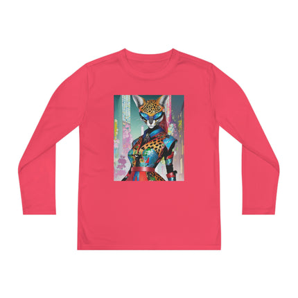 Cyber Cat Glamour Youth Long Sleeve Competitor Tee – Neon Elegance & Futuristic Style