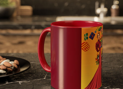Elegant Holiday Woman with Gifts Colorful Mugs (11oz, 15oz)