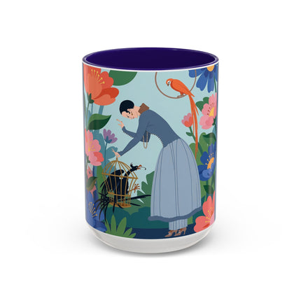 The Lady And The Mysterious Bird Colorful Mugs – Art Deco Botanical Mystery