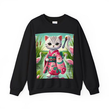 Geisha Kitten Strolls Among the Spoonbills  Unisex Heavy Blend™ Crewneck Sweatshirt