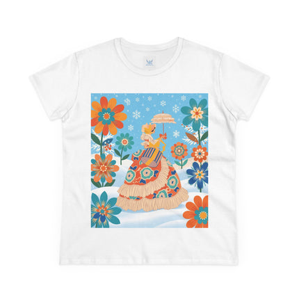 🌼❄️ The Winter Parasol Lady Cotton Tee – Art Deco Floral Fantasy