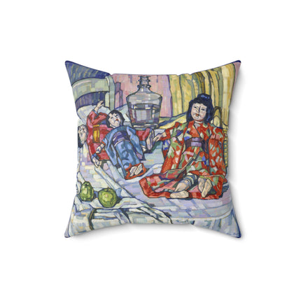 Japanese Dolls With Apples by Eugenie Bandell Spun Polyester Square Pillow