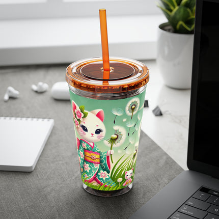 Geisha Kitten and the Dandelion Wish Sunsplash Tumbler with Straw, 16oz