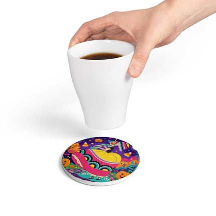 🌙🎃 The Lady Of Moonbeam Hollow Ceramic Coaster – Whimsical Halloween Charm