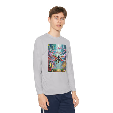 Neon Swarm Youth Long Sleeve Competitor Tee – Cyberpunk Flight & Futuristic Energy
