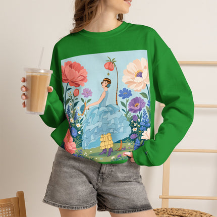 🌸🩵 The Blue Ruffle Garden Crewneck Sweatshirt – Art Deco Floral Whimsy
