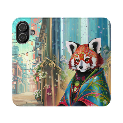 🦝✨ Cybernetic Red Panda Flip Case – Neon Charm & Futuristic Wonder