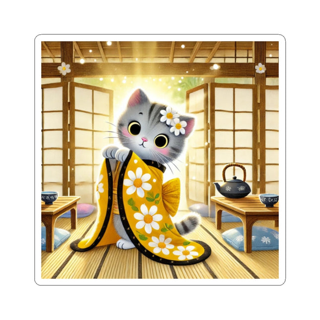 🐱🍵 Playful Kitten in the Tea Room Kiss-Cut Sticker – Curious Charm & Cozy Whimsy