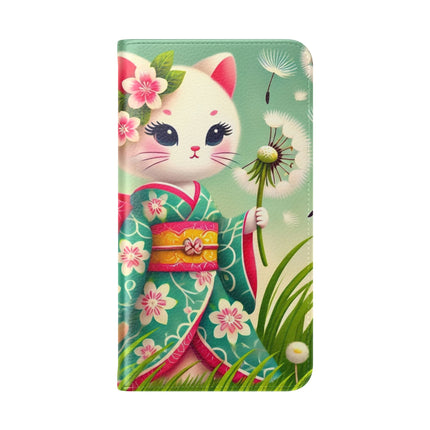 🌾🌼 Geisha Kitten and the Dandelion Wish Flip Case – Gentle Wishes & Quiet Wonder