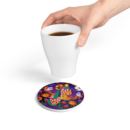 🌙🎃 The Moonlit Garden Masquerade Ceramic Coaster – Floral Halloween Charm