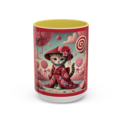 Whimsical Geisha Kitten in a Valentine Garden Colorful Mugs (11oz, 15oz)